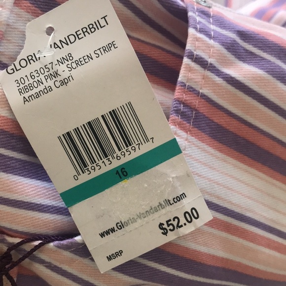 NWT Gloria Vanderbilt ribbon pink stripe Amanda Capris - Picture 6 of 8